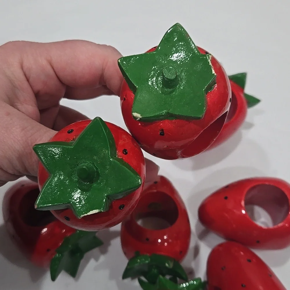 Vintage Strawberry Wooden painted napkin rings Set Of 8